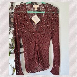 KROSHETTA BY PAPILLON | Brown Sequin Crochet Sweater Top NWT
